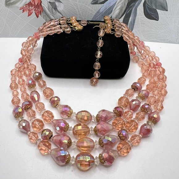 Costume Jewelry Jewelry - Germany Four Strand Peach & Pink All Glass Necklace